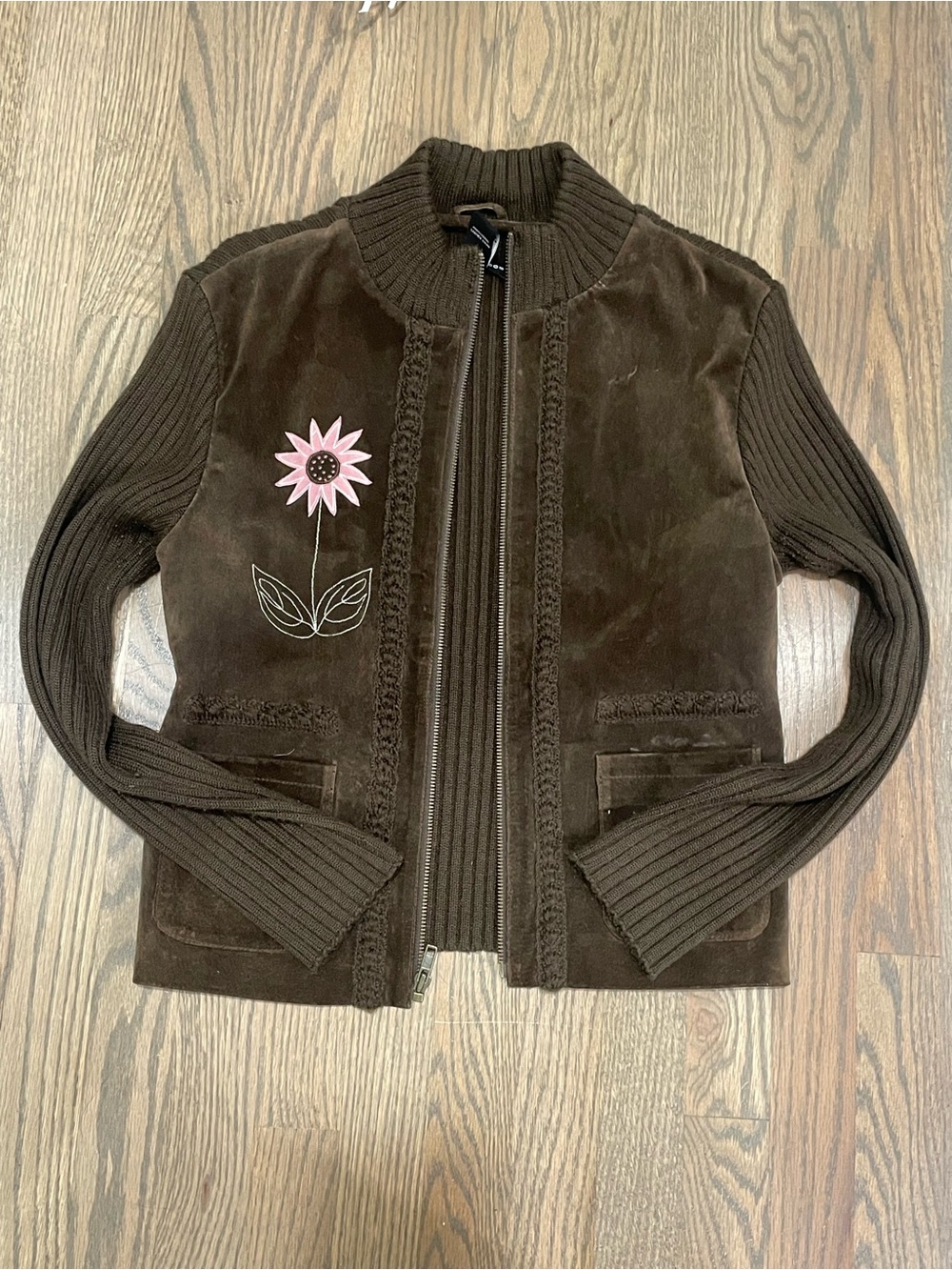 Paraphrase Brown Velvet & Knit Floral Zip Jacket